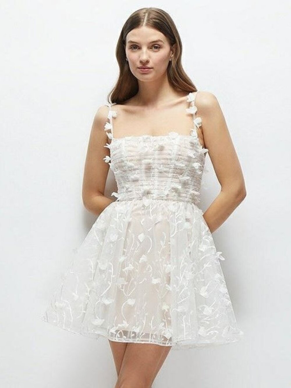 Dessy Collection NWT 3D Floral Embroidered White Mini Dress in Ivory size 26W